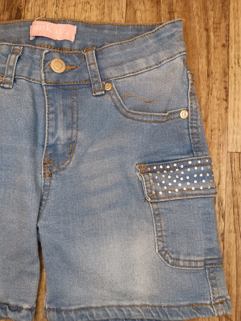 Girls Light Blue Denim Cargo Shorts with Studded Flap Pockets
